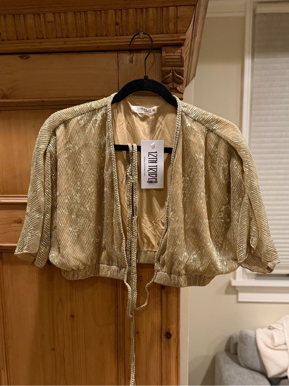 12th Tribe Metallic Gold Cropped Tie-Front Bolero